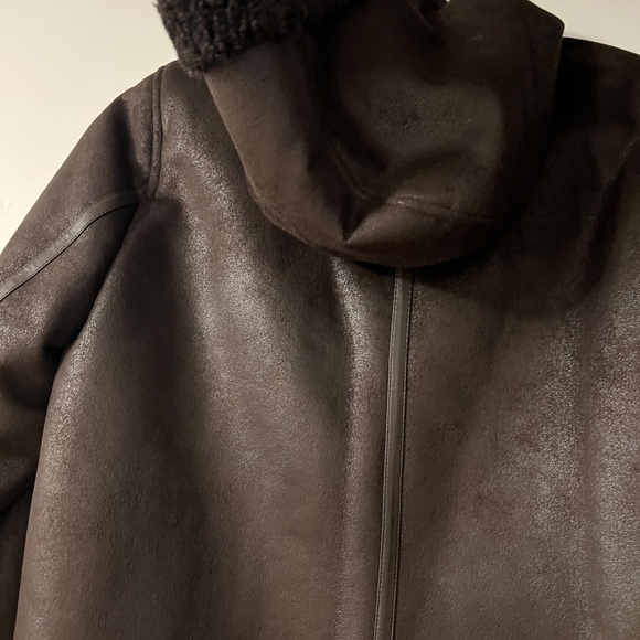 Calvin Klein brown faux leather shearling trimmed hooded coat - Picture 9 of 13